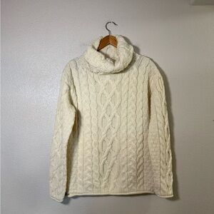 ARAN WOOLLEN MILLS Merino Wool Cowl Neck Cable Knit Sweater - Natural - XL